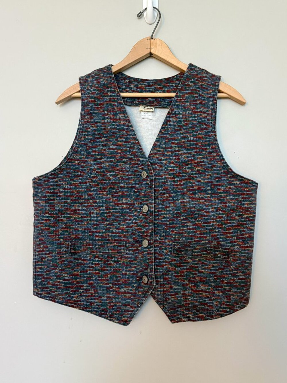 Vintage 90s Vivaldi Jeanswear Multi-Color Woven Vest Faux Knit Print Medium USA